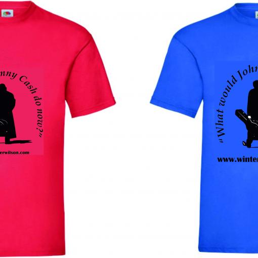 What would Johnny Cash do now t-shirts in red and blue